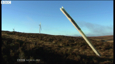 Debris from the stricken turbine is scattered across the mountainside and a large spike remains impaled in the earth several hundred yards from the turbine site.