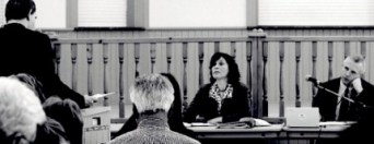 Eric Gillespie (with his back to the camera) address Tribunal members Heather Gibbs and Robert Wright in Demorestville.